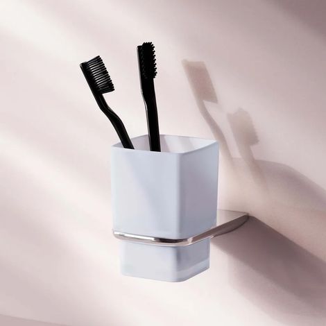 Porte-brosse à dents avec support verre et acier inoxydable, trous de perçage inclus, mug de salle de bain AM/PM chromé, ensemble pour rangement salle de bain (1/5)