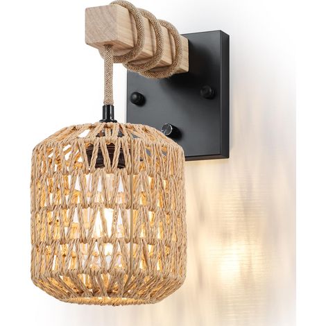 Applique da parete in rattan intrecciato a mano, stile bohémien, dimmerabile, con collegamento a filo, lampadina non inclusa, attacco E27.