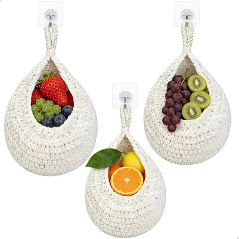 Corbeille Fruit,Panier Fruit Décorative avec 3 Crochets,Panier Suspendu Corde en Coton Tissée à la Main pour Cuisine,Salon,Salle de Bain,Chambre à Coucher,3 Pièces (1/5)