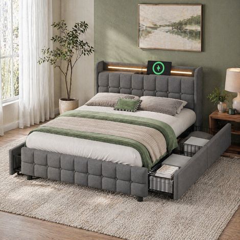 Lit 140x200 avec 4 tiroirs, LED et USB HAVRYA (1/5)