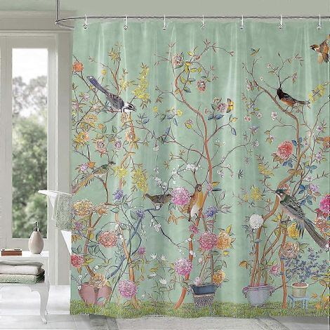 Rideau de douche vert imperméable anti-moisissure avec motif fleurs et oiseaux, dimensions 180 x 180 cm, 12 crochets inclus (1/5)