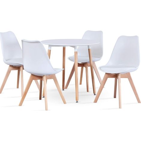 ORION91 Conjunto Mesa 80 cm + 4 Sillas SIRIO Acolchadas Color Blanco - Estilo Nórdico Ideal para Comedor, Oficina, Salón, Terraza Juego - SpazioLuzio