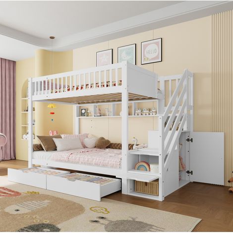 Cama litera infantil con armario y almacenaje blanca OKMYHOME (1/5)