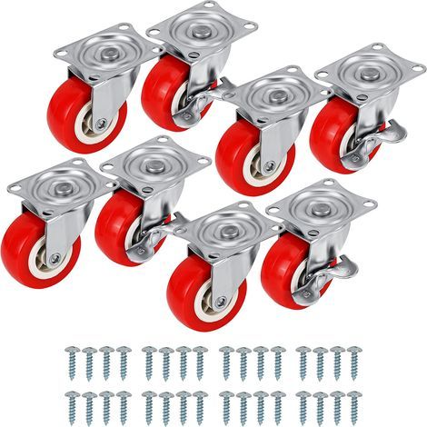Set mit 8 roten, schwenkbaren Möbelrollen – 50-mm-Möbelrollen mit Gummirädern, Schrauben, Bremsen und Metallplatten – Rollen für Möbel, Transportwagen und industrielle Anwendungen (1/5)