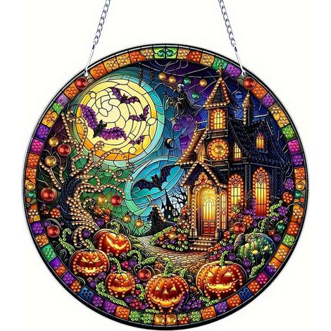 Halloween Diamond Painting Fensterbild Schloss Kürbis Hängende Deko Bastelset (1/4)