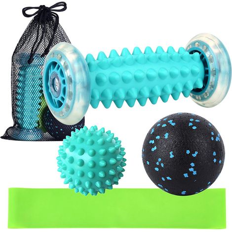 Lot de rouleau de massage des pieds, balle à pointes, balle fasciale et pochette de rangement pour bande de résistance - Soulagement de la douleur (1/5)