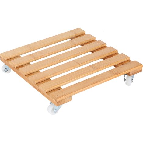 Étagère à fleurs mobile en bambou avec roulettes pour plantes en pot, idéale pour terrasse et jardin. (1/5)
