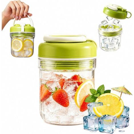 3-in-1-Eisbecher mit Druckknopf, tragbarer Eisbecher für Zuhause, Ein-Knopf-Eisform (550 ml, Strohhalm + Schultergurt), Grün (1/5)