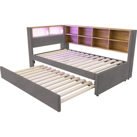 CAIziCanapé-lit gigogne 90x200 LED avec prises et rangement, gris foncé (1/5)