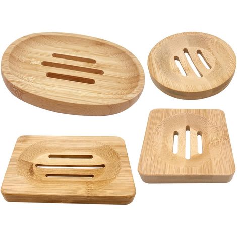 Ensemble de 4 porte-savons en bois pour la salle de bain - Porte-savon en bambou naturel - Pour douche - Salle de bain - Lavabo - Carré - Rond - Ovale - Rectangulaire (1/5)