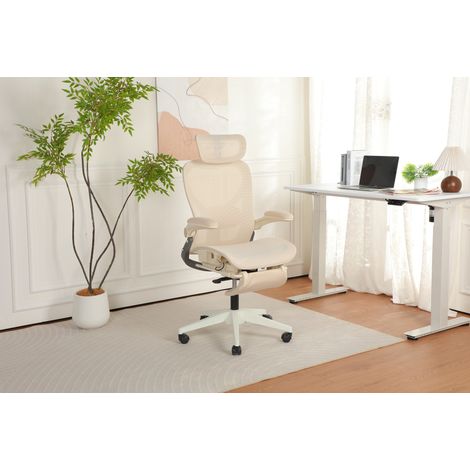 Sedia da ufficio ergonomica pieghevole con supporto lombare, schienale in rete, crema, OKWISH (1/5)