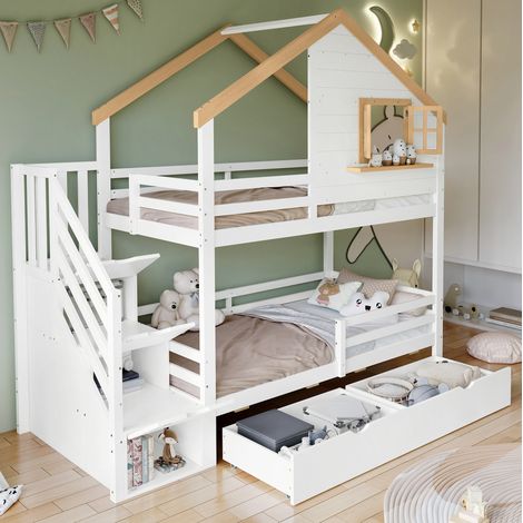 letto contenitore 90x200 casetta con cassetti bianco HAVRYA (1/5)