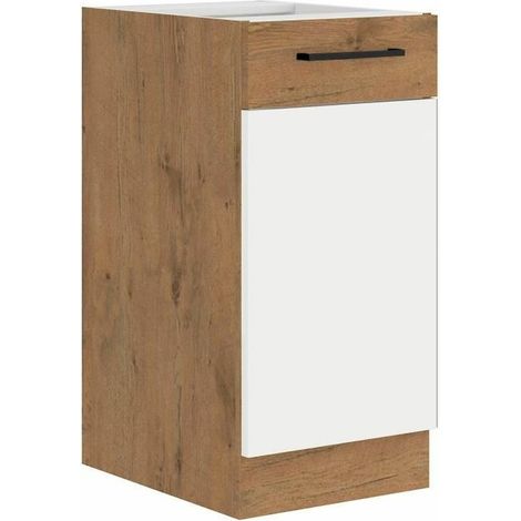 ROCK - Mobile basso - Melaminico rovere Lancelot e Bianco lucido - 40 cm - 1 porta battente - Piano di lavoro non incluso (1/2)