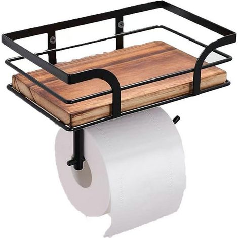 Toilettenpapierhalter mit Ablage, Feuchttücherbox – Holzständer – Rollenpapierhalter mit Bohrung – Wandmontage für Badezimmer
