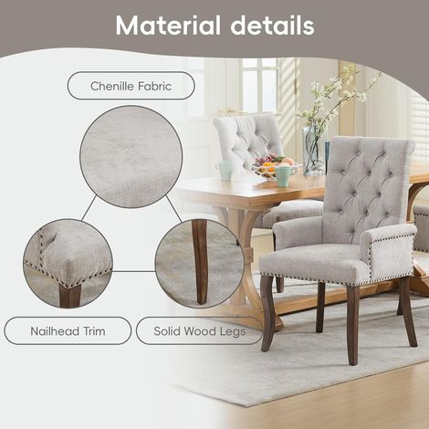 Chaises de salle à manger en tissu chenille beige, avec pieds incurvés en bois massif, accoudoirs et détails de boutons (1/5)
