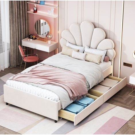 Cama infantil tapizada 90/200 cm beige de terciopelo con cabecero floral y 2 cajones (1/5)