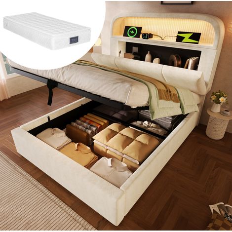 Lit simple 90/200 cm beige en velours à tête de lit réglable avec rangement, éclairage LED, USB-C et matelas (1/5)