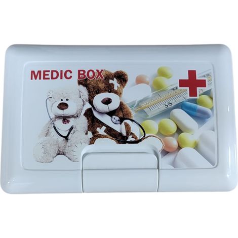 Contenitore per medicinali vuoto per kit di pronto soccorso, dimensioni 20x13x7 cm.