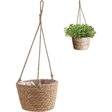 1 Panier Suspendu Tissé, Algues Naturelles, Doublure Plastique Étanche, Pour Intérieur Extérieur, Salon Chambre Jardin