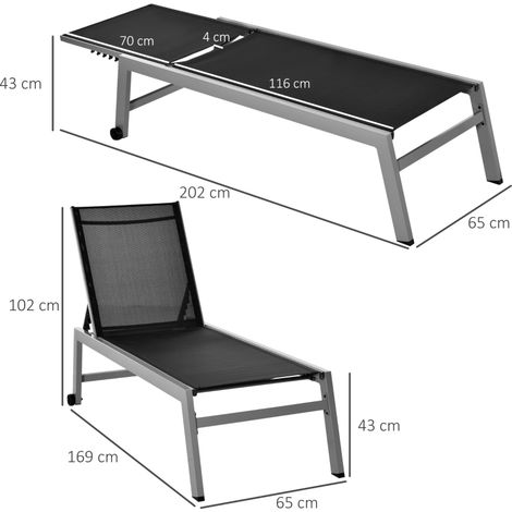 Chaise longue de jardin, dossier réglable 5 positions, aluminium, noir, 202 x 65 x 43 cm (1/5)