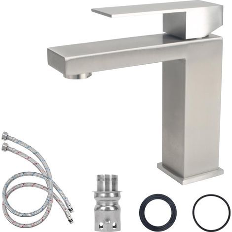 Robinet Salle Bain Acier Inoxydable, Mitigeur Lavabo avec Tuyau, Poignée Unique Robinet Lavabo Salle de Bain, Robinets Lave Main Eau Chaude et Froide pour Cuisine (Brossé) (1/5)