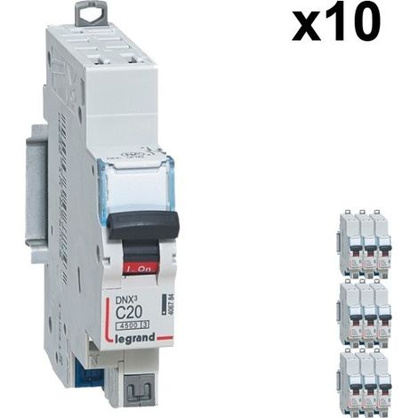 Lot de 10 Disjoncteurs DNX3 4500 - auto/auto - U+N 230V 20A - 4,5kA - courbe C - 1 mod (406784)