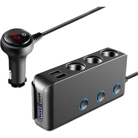 TR30 Car Cigarette Lighter - 1-to-3 with 4 USB ports, independent switch, QC3.0 fast charging, 120W high power, voltage display -- 1-to-3 with voltage display and master switch (1/3)
