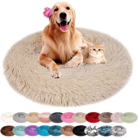 Rundes Hundebett aus Plüsch, waschbar, mit rutschfestem Boden, Beige 70cm