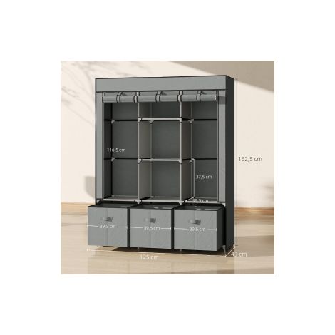 Armoire penderie en tissu gris clair pliable avec tringle, tiroirs et fermeture zippée pour chambre, dressing et entrée (1/5)