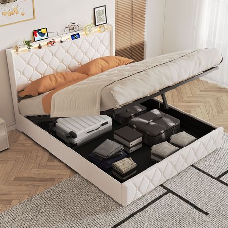 Letto contenitore 140x200 cm e rete - Letto matrimoniale 140x200 cm con testiera contenitiva, illuminazione a LED e porte USB - in velluto beige (1/5)