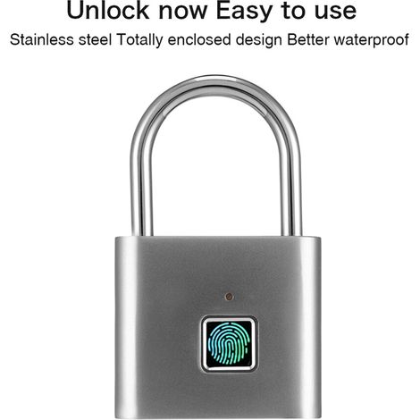 Lucchetto intelligente con impronta digitale per zaino, lucchetto in zinco con porta USB ricaricabile da 180 mAh e 10 impronte digitali, dimensioni 764613 mm (argento/nero). (1/4)