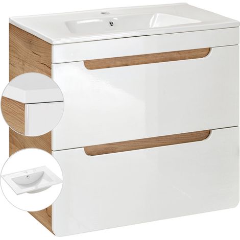 Waschtischunterschrank mit 61 cm Keramikbecken LUTON-56, Hochglanz weiß mit Wotan Eiche Nb., B/H/T ca. 61/60,8/46 cm (1/5)