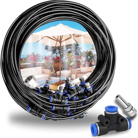 Kit d’Irrigation système de Brumisateur extérieur 20m avec 20 Buses de Brume, Système de Brumisation extérieur,Brumisateur pour Jardin Trampoline Serre Terrasse (1/5)