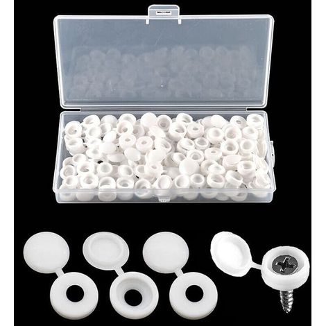 100 Pièces Bouchon à Vis en Plastique, Cache Vis à Charnière pour les Vis Nombre 6/8, avec Boîte de Rangement, Couvercles à Bouton-Pression à Vis pour Meubles, Placards, Étagères, Blanc (1/4)