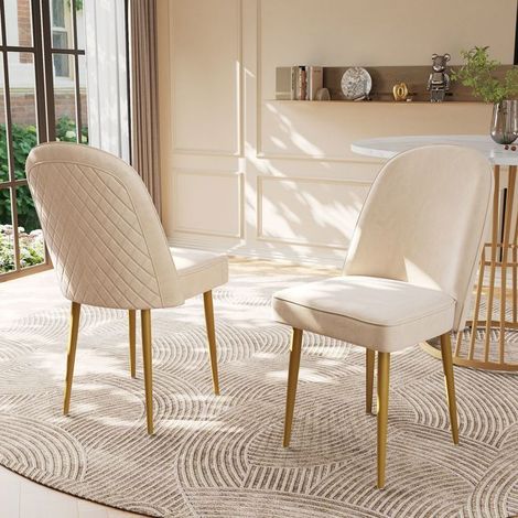Chaise de Salle à Manger lot de 2 velours beige pieds en métal doré moderne et confortable (1/5)