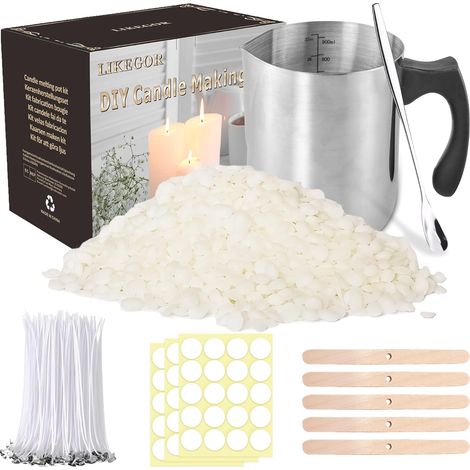 Kit de fabrication de bougies comprenant un verseur de fabrication de bougies de 900 ml, 1 kg de cire de soja naturelle, 5 porte-mèches de bougie en bois, 100 mèches de bougie. (1/5)