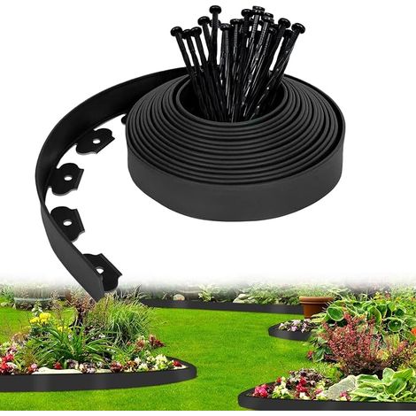 Bandes de bordure de pelouse flexibles, 10 mètres x 5 centimètres, bandes de bordure de pelouse en plastique flexible, bandes de bordure de jardin, avec 30 piquets de fixation, noir. (1/5)