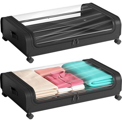 Coffres de rangement à roulettes et couvercle à glisser sous le lit (lot de 2) - Structure en métal, coffrets de rangement pour vêtements de chambre (1/5)