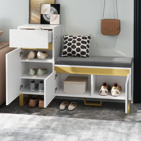 REDOM Meuble à chaussures 120x35x85cm Rangement multifonction avec coussin MDF Blanc et doré