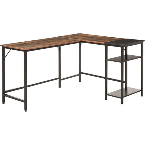 Bureau d'angle de style industriel avec étagère latérale, en bois et métal noir, dimensions : 150 x 120 x 75 cm (1/4)