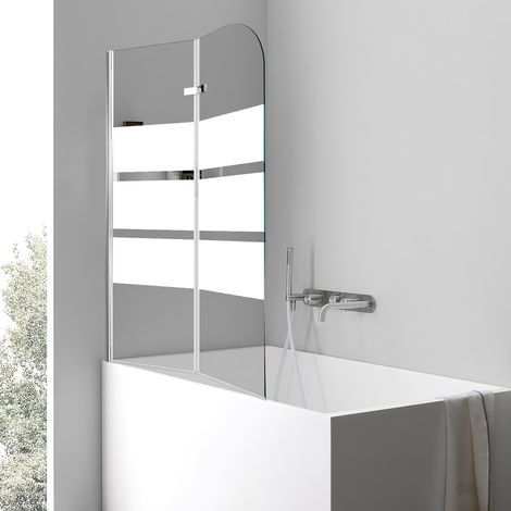 TolleTour Pare-baignoire gain de place 2 panneaux, H.140 x l.100 cm, verre sérigraphié à bandes blanches, profilé alu argenté (1/5)