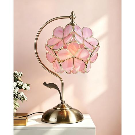 Lampe vintage en vitrail à motif de fleurs de cerisier avec base en laiton, pour la décoration de chambre à coucher, couleur corail blush (rose) (1/5)