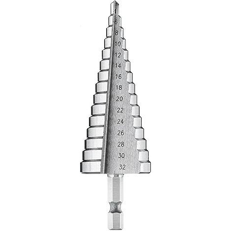 Stufenbohrer, Metallbohrer, Metallschneider, Stufenbohrer, Durchmesser 4–32 mm, Edelstahl, Kunststoff und Holz – professioneller HSS-Kegelschaft (6,35 mm) für Blechbearbeitung. Stufenbohrer (4–32 mm) (1/5)