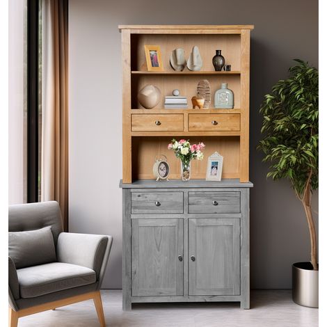 Hallowood Furniture Waverly Oak Sideboard Top 2 Drawers & Open Shelves, Compact Sideboard Top in Light Oak Finish, Solid Wooden Unit for Kitchen, Small Sideboard Top Extension (1/5)