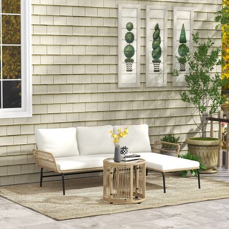 Ensemble de mobilier de jardin d'angle 3 places en résine avec canapés, méridienne, table basse et coussins, couleur crème (1/5)