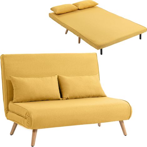 HOMCOM sofá cama de 2 plazas plegable, sofá cama, tapizado en lino, con respaldo ajustable 5 posiciones, 2 almohadas, para dormitorio, salón, amarillo