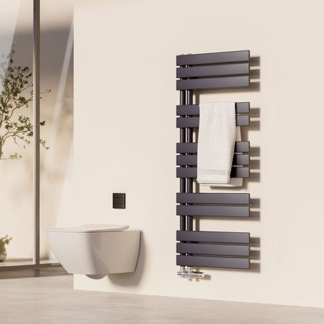 Heilmetz – Sèche-serviettes eau chaude 120x50 cm – Acier inoxydable anti-corrosion – Puissance 570 W – Raccordement latéral – Design asymétrique