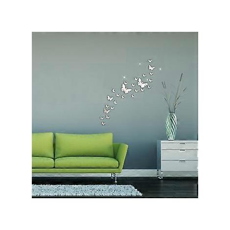 SZTXJ Schmetterlings-Wandaufkleber, Silber, 36 Stück, Kunststoff-Schmetterlings-Spiegelaufkleber, 3D-Wandaufkleber, Wanddekoration für Wohnzimmer, Schlafzimmer und Büro
