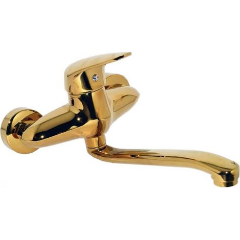 Rubinetto Miscelatore Parete Lavello Cucina Oro Lucido Canna Lunga Due Fori 183G (1/5)