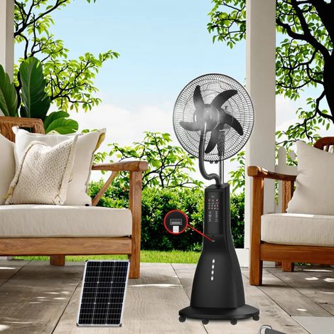Ventilateur sur pied rechargeable 45W, brumisateur 16", panneau solaire, 9 vitesses, minuterie 9h, batterie 12V, réservoir 3L, télécommande, veilleuse LED, sortie USB, moteur cuivre, intérieur/extérie (1/5)